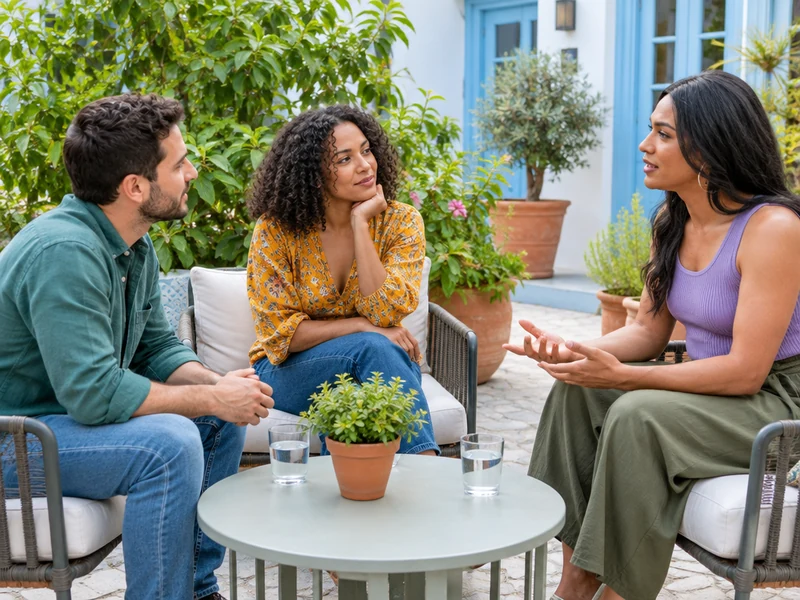 שלושה מבוגרים משוחחים בחצר מוארת לקראת מפגש משותף ומתאמים ציפיות וגבולות