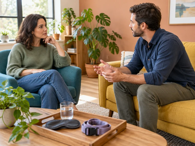שני מבוגרים לבושים משוחחים בחדר פרטי ומואר, לצד מגש עם כיסוי עיניים מבד, אביזר שחרור מהיר וכוס מים